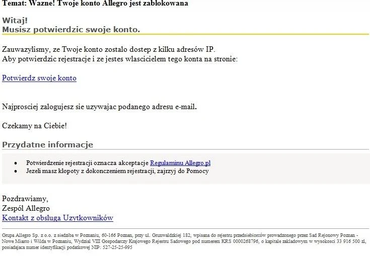 Mail od oszustów - klasyczny phishing (łącznie z błędamy). Zdjęcie opublikowane przez Allegro na Facebooku Mail od oszustów - klasyczny phishing (łącznie z błędamy). Zdjęcie opublikowane przez Allegro na Facebooku