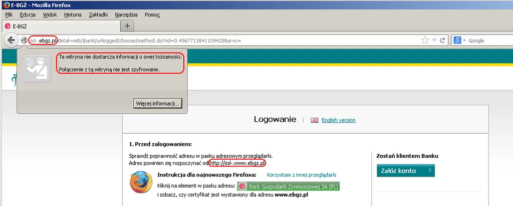 Fałszywa strona banku BGŻ, na którą przekierowywani są klienci przez złośliwe serwery DNS.