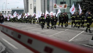 Strażacy, funkcjonariusze Straży Granicznej i Służby Więziennej podczas protestu/fot. D. Delmanowicz