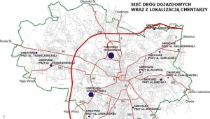 Sieć dróg dojazdowych wraz z lokalizacją cmentarzy we Wrocławiu