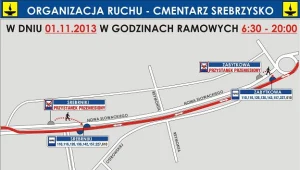 Mapka z organizacją ruchu przy cmentarzu Srebrzysko