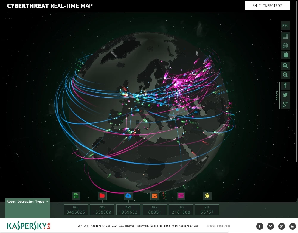 Interaktywna mapa cyberzagrożeń Kaspersky Lab.