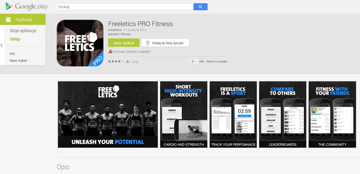 Aplikacja freeletics na Androida kosztuje 20 złotych