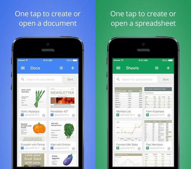 Aplikacje Docs i Sheets od Google na iOS