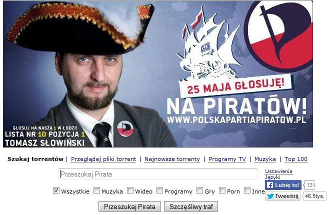 Polska Partia Piratów promuje swoich kandydatów w serwisie z torrentami Pirate Bay