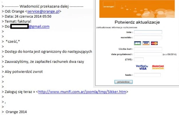 Treść fałszywego e-maila oraz strona, która wyłudza dane (po prawej)