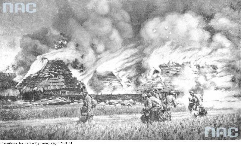 Płonąca wieś Żurawica pod Przemyślem, maj 1915