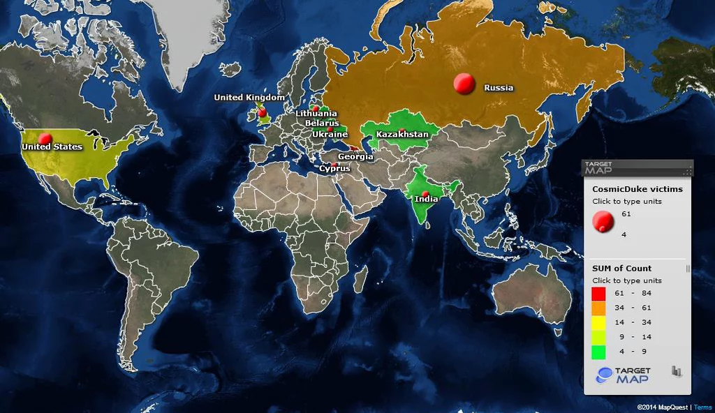 Mapa ofiar szkodliwego oprogramowania CosmicDuke. Mapa ofiar szkodliwego oprogramowania CosmicDuke.