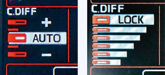 Informacje o ustawieniu napędu na cztery koła. Na zdjęciu górnym – tryb automatyczny. Poniżej – Lock.