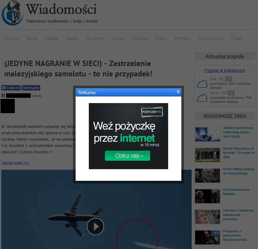 W momencie, gdy klikniemy w link, wyświetli się okno filmu i reklama