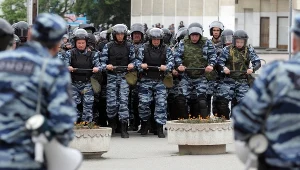 Na zdjęciu OMON trenuje w Symferopolu przed 70. rocznicą deportacji Tatarów Krymskich, 17 maja