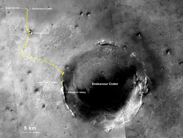 Dotychczasowa trasa łazika Opportunity na Marsie.