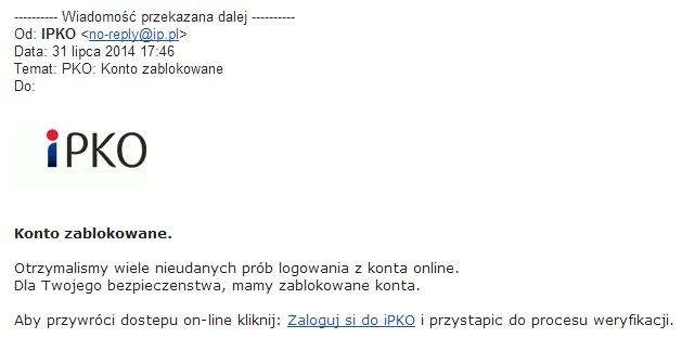 Fałszywy mail udający wiadomość z banku PKO 