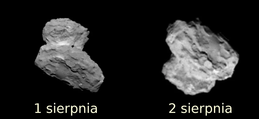 Dwa obrazy komety 67P uzyskane w dniach 1 i 2 sierpnia 2014.