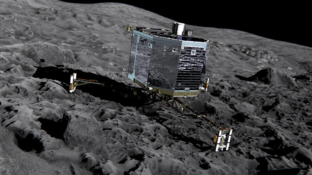 Philae na powierzchni komety 67P - wizualizacja.