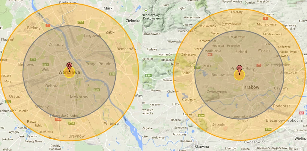 Symulacja:obszar możliwych zniszczeń w dwóch największych miastach Polski, w Warszawie (po lewej) i Krakowie. Centralne pole oznacza rejon całkowitego zniszczenia, środkowe - większość budynków zostanie zniszczona, straty w ludziach ponad 50%. Zewnętrzne - ciężkie poparzenia i lekkie uszkodzenia budynków...