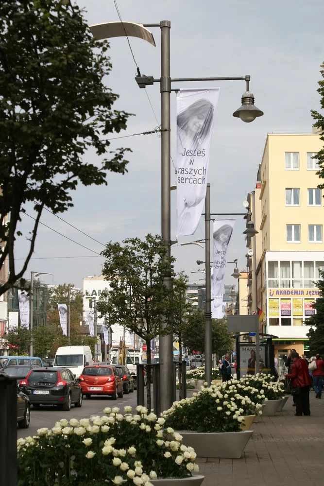 Dekoracje z róż i banery z wizerunkiem Anny Przybylskiej