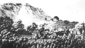 Lwów - I pol. XIX w. - widok Piaskowej Góry z ruinami zamku, litografia Karol Auer