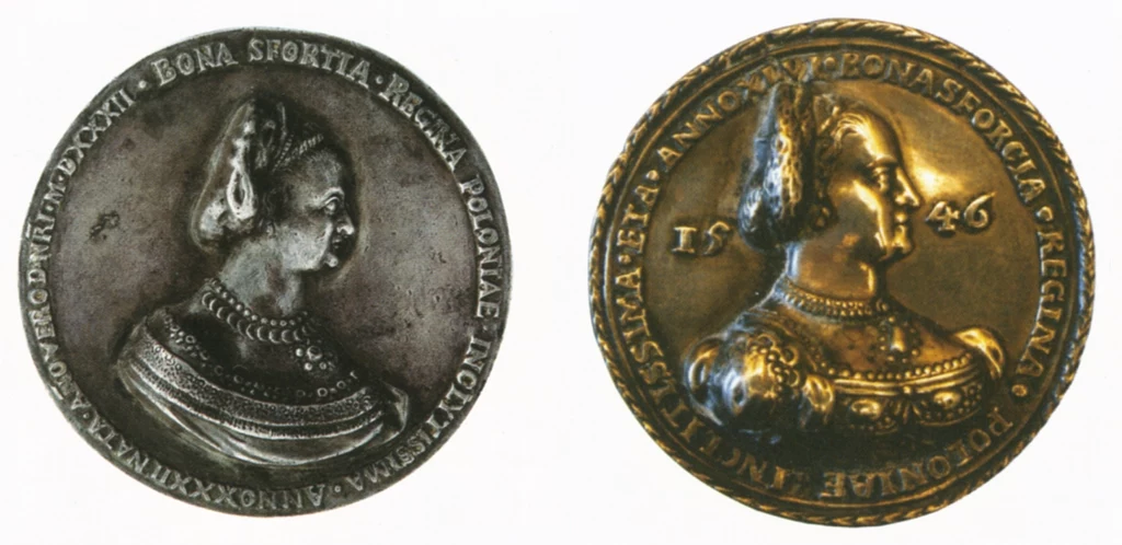 Dwa medale z podobizną Bony Sforzy. Z lewej medal z 1532 roku. Z prawej z 1546 Dwa medale z podobizną Bony Sforzy. Z lewej medal z 1532 roku. Z prawej z 1546