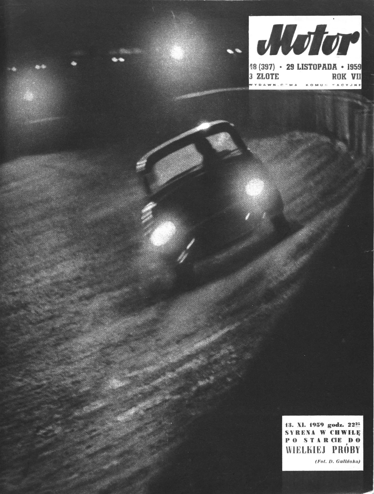 Okładka tygodnika „Motor” z 29 listopada 1959 roku, w którym zamieszczono obszerną relację z przebiegu rekordowej jazdy Syreny