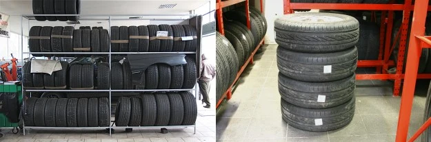 Prawidłowe składowanie opon (z lewej) i całych kół (z prawej). Prawidłowe składowanie opon (z lewej) i całych kół (z prawej).