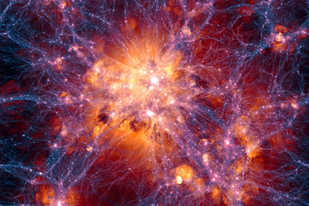 Symulacja wielkoskalowej struktury Wszechświata na dystanskie 300 milionów lat świetlnych. Źródło: Illustris Collaboration. Symulacja wielkoskalowej struktury Wszechświata na dystanskie 300 milionów lat świetlnych. Źródło: Illustris Collaboration.