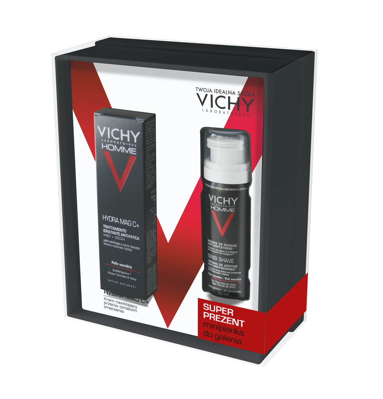 VICHY HOMME skuteczna pielęgnacja męskiej skóry. Dostępne zestawy z minipianką w PREZENCIE: HYDRA MAG C+ nawilżający krem przeciw oznakom zmęczenia 50 ml. Cena ok. 92 zł.; KREM STRUCTURE S ujędrniający krem nawilżający 50 ml. Cena ok. 98 zł.; SENSI-BAUME kojący balsam po goleniu 75 ml. Cena ok. 75 zł. VICHY HOMME skuteczna pielęgnacja męskiej skóry. Dostępne zestawy z minipianką w PREZENCIE: HYDRA MAG C+ nawilżający krem przeciw oznakom zmęczenia 50 ml. Cena ok. 92 zł.; KREM STRUCTURE S ujędrniający krem nawilżający 50 ml. Cena ok. 98 zł.; SENSI-BAUME kojący balsam po goleniu 75 ml. Cena ok. 75 zł.