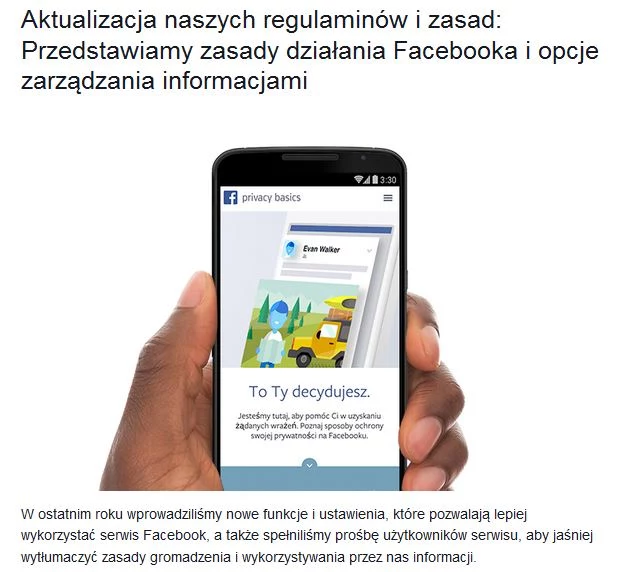 Użytkownicy Facebooka otrzymują powyższe powiadomienie o zmianie regulaminu