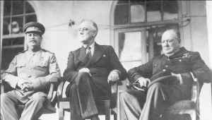 Józef Stalin, Franklin Delano Roosevelt i Winston Churchill podczas konferencji w Teheranie, 1943