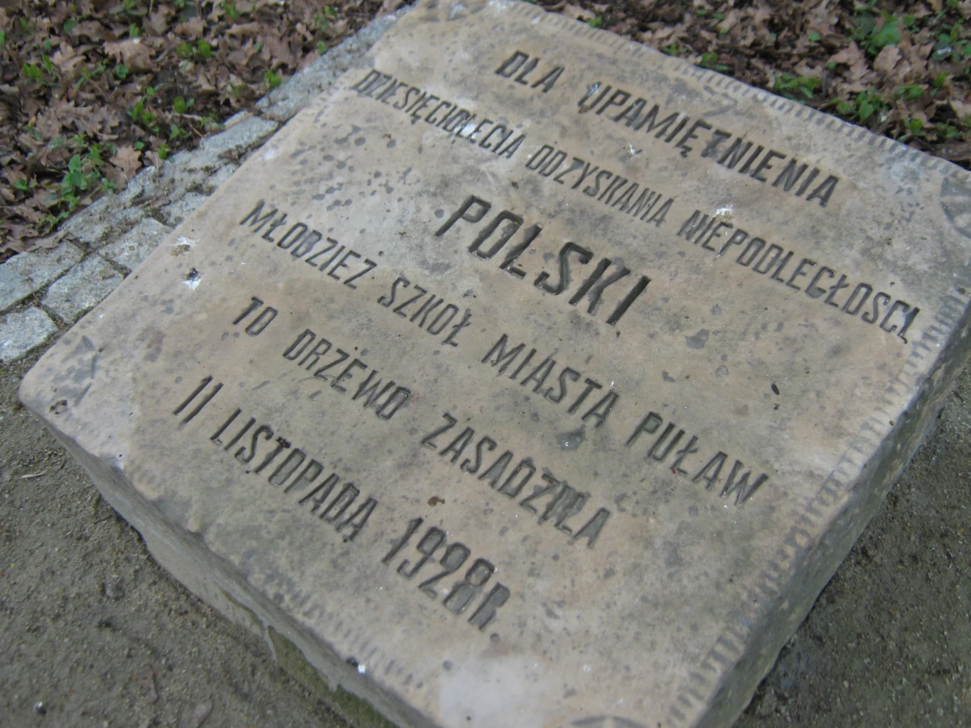 Na pamiątkę w 10 rocznicę Odzyskania Niepodległości społeczeństwo Puław oraz młodzież szkolna z Gimnazjum im. Adama Jerzego Czartoryskiego ufundowali dwie kamienne płyty z inskrypcjami. Pierwszą wmurowano na jednej ze ścian pałacu książąt Czartoryskich. Drugą uczniowie położyli na niewielkim cokole zdobiącym dzisiejszy Skwer Niepodległości. Nieopodal monumentu młodzież dodatkowo posadziła rosnący do dziś Dąb Niepodległości.