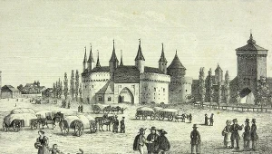 Barbakan i Brama Floriańska na litografii z połowy XIX wieku