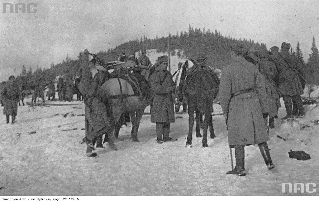 II Brygada Legionów podczas walk w Karpatach. Żołnierze z karabinami maszynowymi, 1914