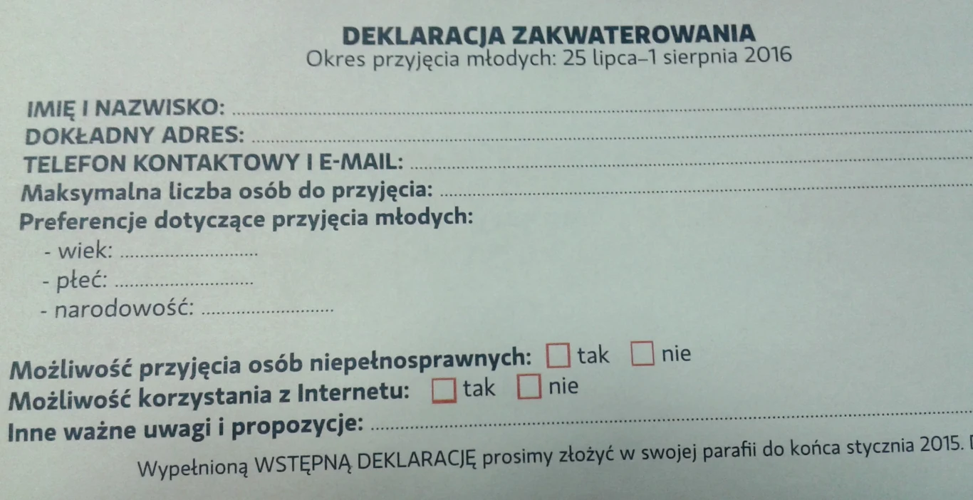 Wypełnione deklaracje należy złożyć w swojej parafii do końca stycznia 2015 r.