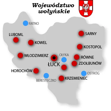 II Rzeczpospolita - województwo wołyńskie (na czerwono - miasta powiatowe)