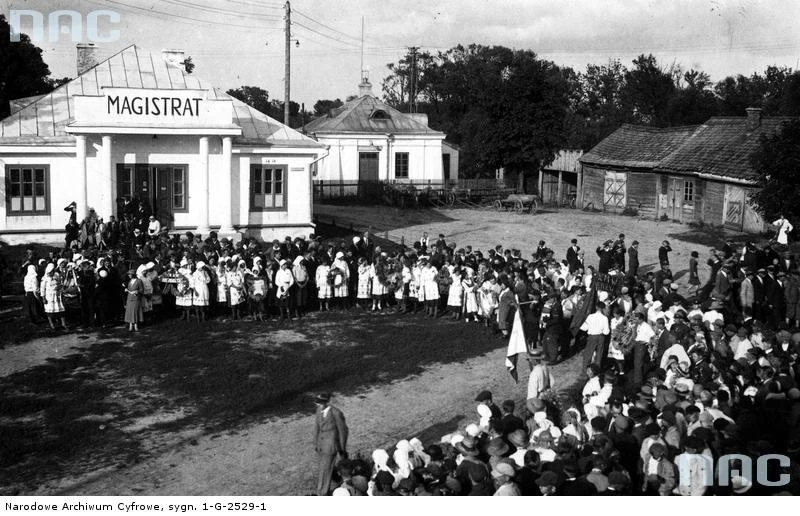 Dożynki poleskie w Kobryniu - widok ogólny na tłum uczestników zgromadzonych na uroczystościach dożynkowych przed budynkiem magistratu, 1934