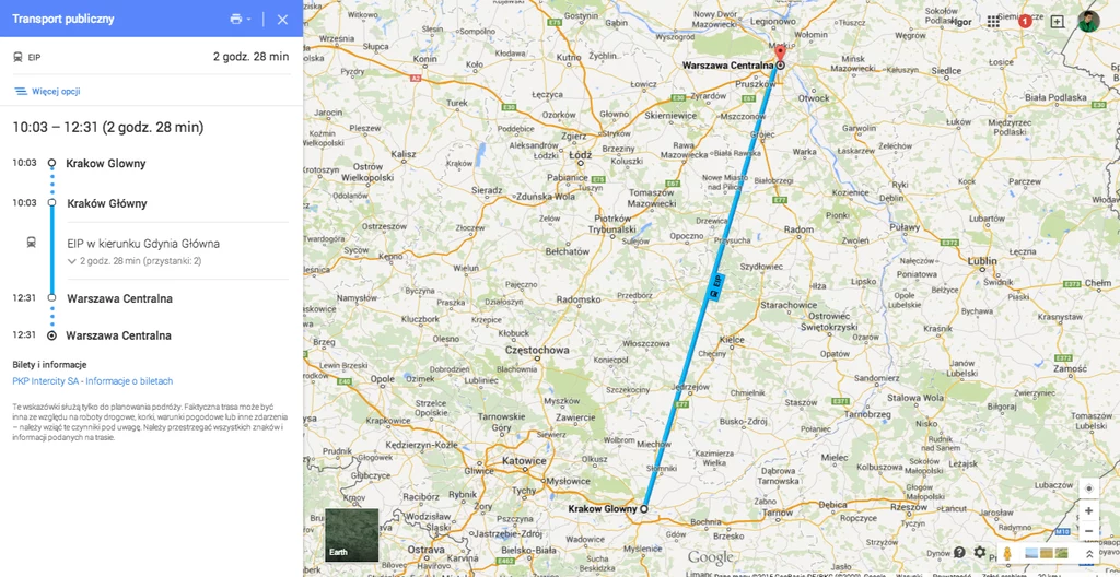 Planowanie podróży pociągiem PKP Intercity na Mapach Google.