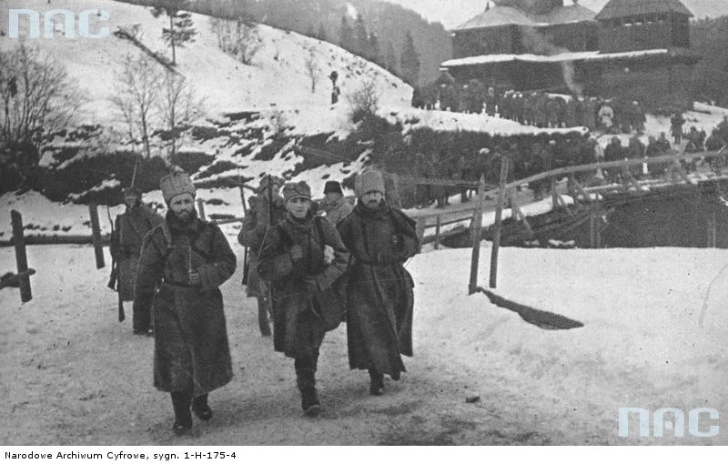 Walki II Brygady Legionów pod Rafajłową podczas działań na froncie wschodnim - jeńcy rosyjscy, 1914