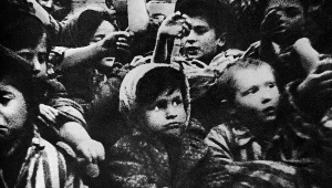 Wyzwolenie Auschwitz - mali więźniowie pokazują swoje tatuaże z numerami obozowymi