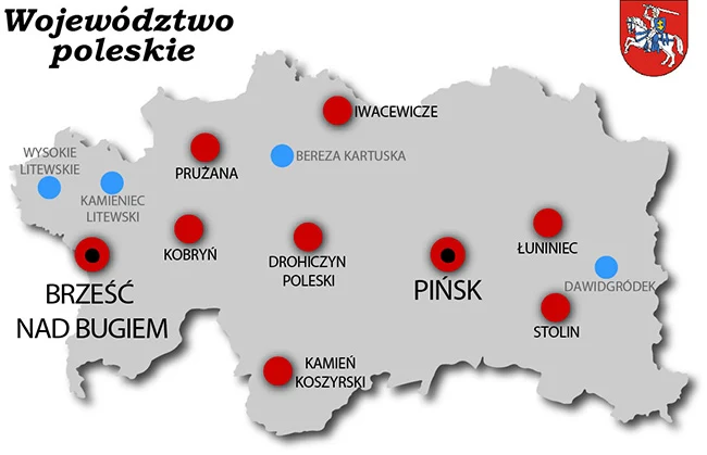 II Rzeczpospolita - województwo poleskie (na czerwono - miasta powiatowe). Do sierpnia 1921 stolicą województwa był Pińsk, po jego pożarze stolicę przeniesiono do Brześcia Litewskiego, przemianowanego 20 marca 1923 na Brześć nad Bugiem