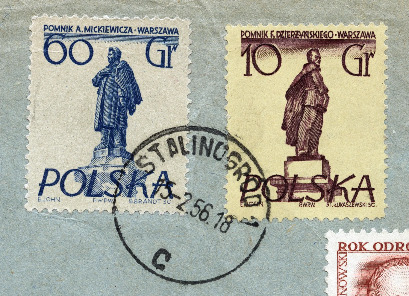Koperta ze znaczkami pocztowymi wysłana ze Stalinogrodu, 1956