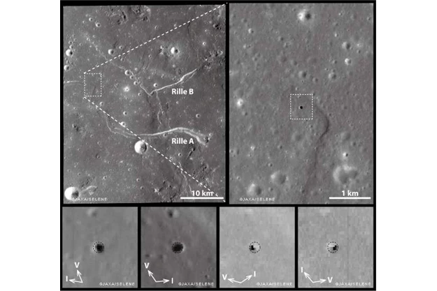 Przebite sklepienia tuneli lawowych zaobserwowanych przez sondę Kaguya. Źródło: JAXA, Kaguya.