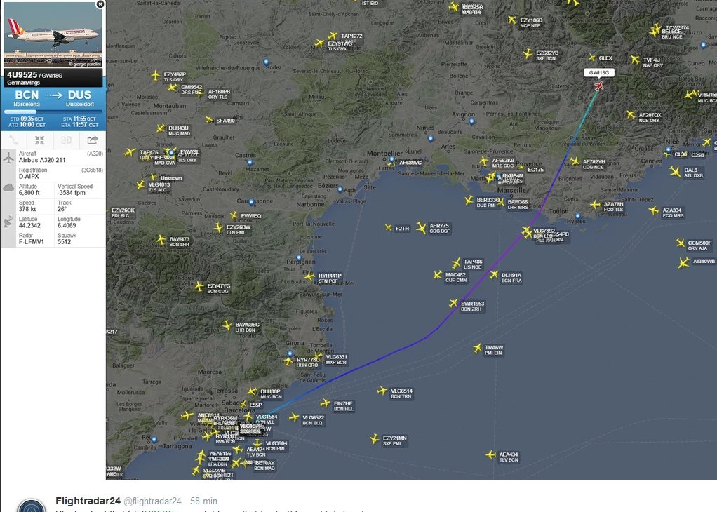 Trasa feralnego lotu do momentu katastrofy, fot. https://twitter.com/flightradar24 Trasa feralnego lotu do momentu katastrofy, fot. https://twitter.com/flightradar24