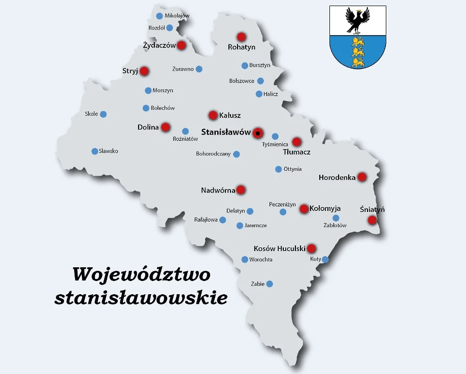 Województwo stanisławowskie w granicach z 1938 r. (na czerwono - miasta powiatowe)