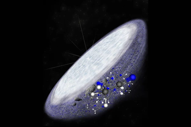 Symboliczne wyobrażenie cząstek organicznych w dysku wokół gwiazdy MWC 480. Źródło: B. Saxton (NRAO/AUI/NSF)