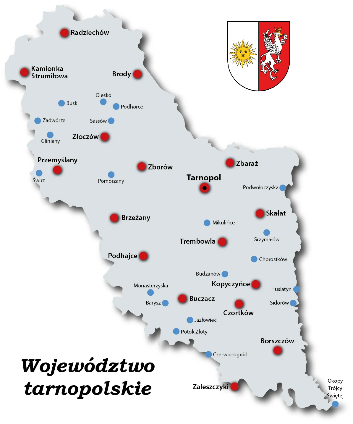 Województwo tarnopolskie w granicach z 1938 r. (na czerwono - miasta powiatowe)