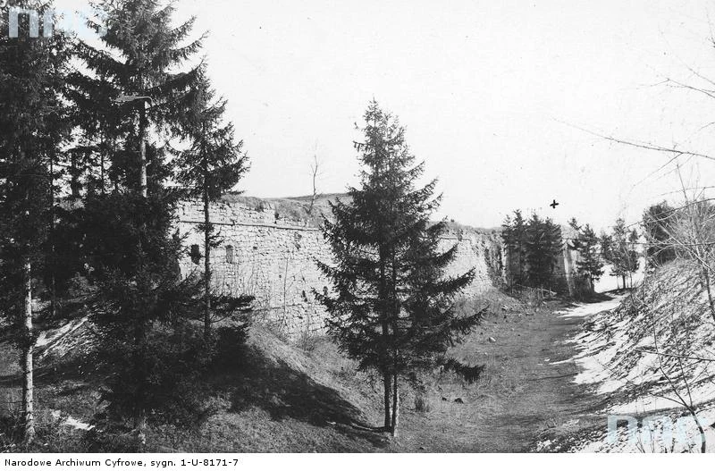 Zbaraż - ruiny zamku książąt Wiśniowieckich. Widok ruin muru obronnego, 1930