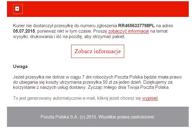 Wiadomość mailowa z linkiem prowadzącym do złośliwego oprogramowania