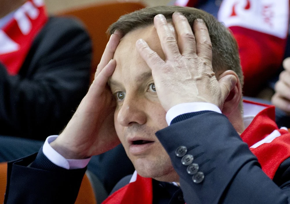 Andrzej Duda podczas meczu hokejowego w Krakowie
