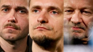 Skupione twarze twórców filmu: Marcin Dorociński (L), Bartosz Konopka (C) i Krzysztof Stroiński (P)