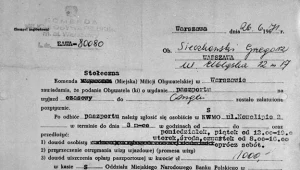 Zawiadomienie wydane przez Komendę Stołeczna Milicji Obywatelskiej w Warszawie dotyczące wydania paszportu na wyjazd czasowy do Anglii